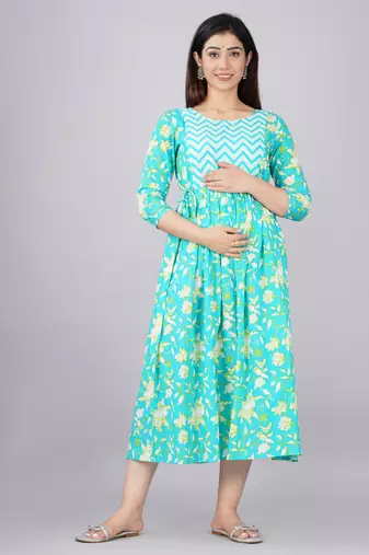 Green aaysa floral printed pure cotton flared maternity maxi dress