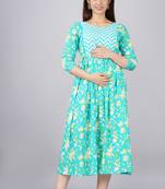 Green  floral printed pure cotton flared maternity maxi dress