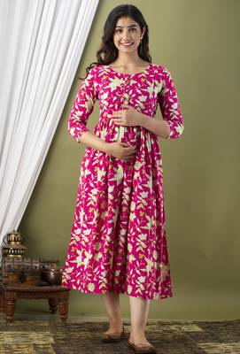 Pink  floral printed  cotton flared maternity maxi dress 1
