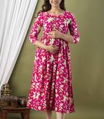 Pink  floral printed pure cotton flared maternity maxi dress