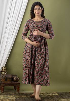 Dark blue  floral printed  cotton flared maternity maxi dress 1