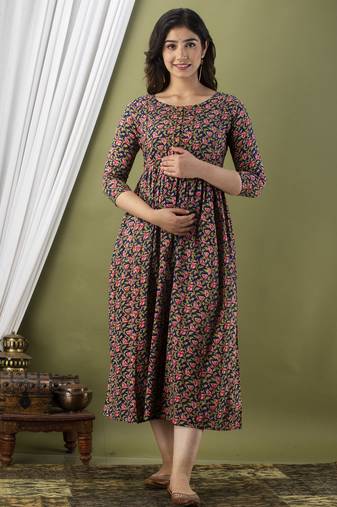 Dark blue aaysa floral printed pure cotton flared maternity maxi dress