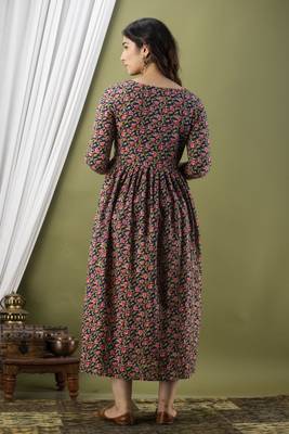 Dark blue  floral printed  cotton flared maternity maxi dress 2