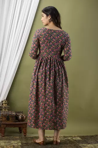 Dark blue  floral printed  cotton flared maternity maxi dress