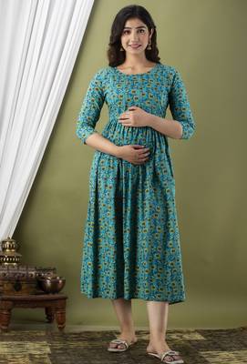 Sky blue  floral printed  cotton flared maternity maxi dress 1
