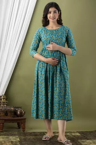 Sky blue aaysa floral printed pure cotton flared maternity maxi dress
