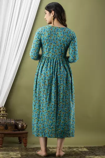 Sky blue  floral printed  cotton flared maternity maxi dress