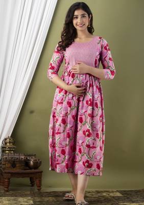 Pink  floral printed  cotton flared maternity maxi dress 1