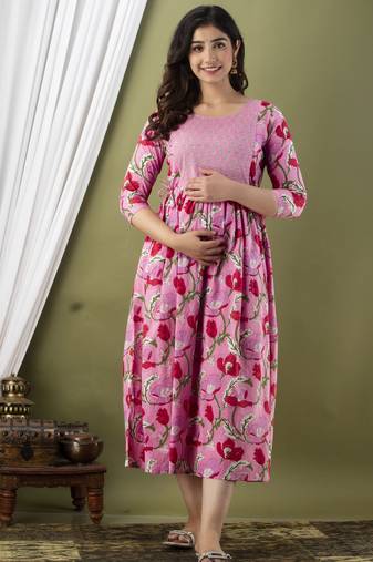 Pink aaysa floral printed pure cotton flared maternity maxi dress