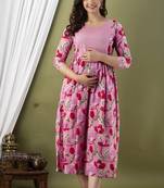 Pink  floral printed pure cotton flared maternity maxi dress