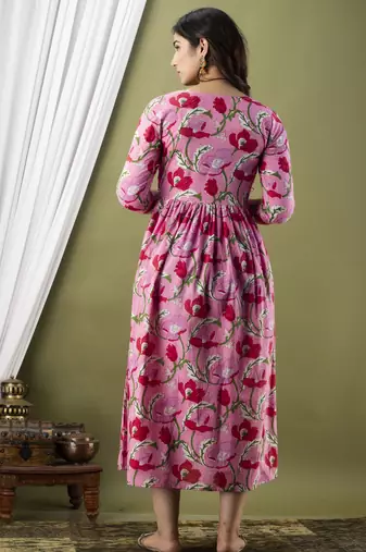 Pink  floral printed  cotton flared maternity maxi dress
