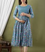 Blue  floral printed pure cotton flared maternity maxi dress