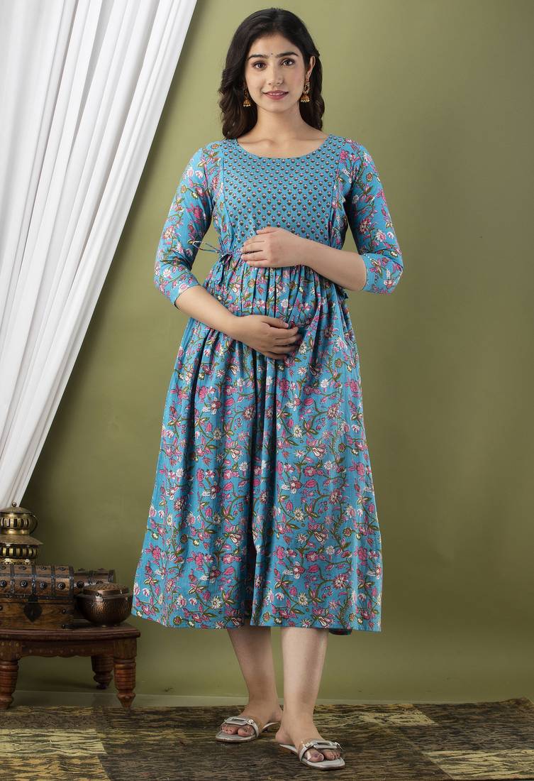 Blue aaysa floral printed pure cotton flared maternity maxi dress