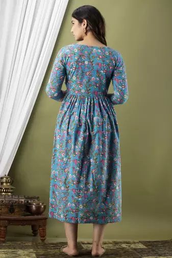 Blue  floral printed  cotton flared maternity maxi dress