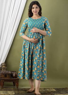 Sky blue  floral printed  cotton flared maternity maxi dress 1