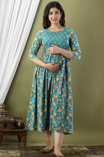 Sky blue aaysa floral printed pure cotton flared maternity maxi dress