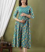 Sky blue  floral printed pure cotton flared maternity maxi dress