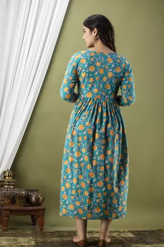 Sky blue  floral printed  cotton flared maternity maxi dress