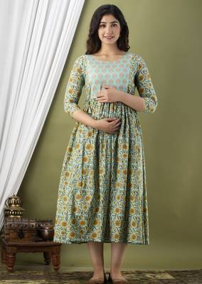 Sea green  floral printed  cotton flared maternity maxi dress 1