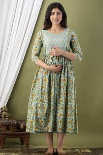 Sea green aaysa floral printed pure cotton flared maternity maxi dress