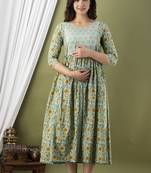 Sea green  floral printed pure cotton flared maternity maxi dress