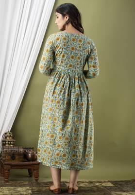 Sea green  floral printed  cotton flared maternity maxi dress 2