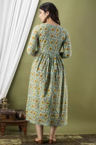 Sea green  floral printed  cotton flared maternity maxi dress