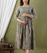 Olive green  floral printed pure cotton flared maternity maxi dress