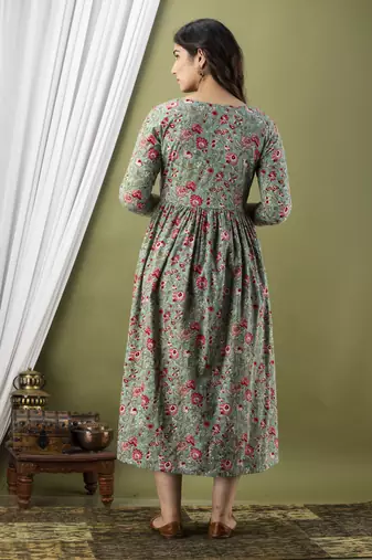 Olive green  floral printed  cotton flared maternity maxi dress