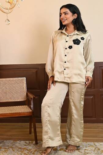Beige georgette satin coord set