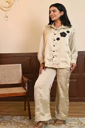 Beige georgette satin coord set