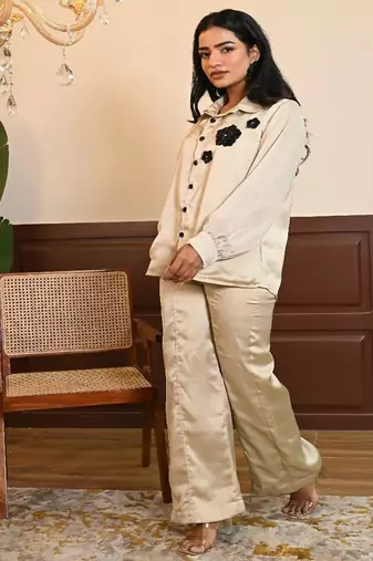 Beige georgette satin coord set
