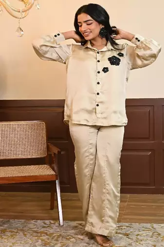 Beige georgette satin coord set
