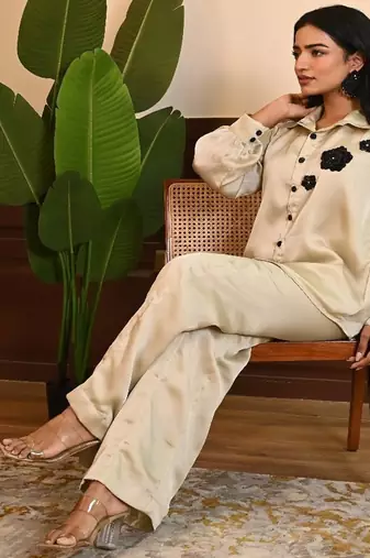 Beige georgette satin coord set