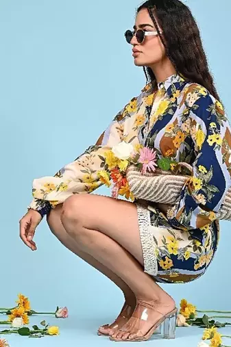 Off white & blue printed shorts & shirt co-ord