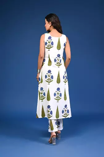 White blue cotton handblock a-linecoord