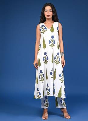 White blue cotton handblock a-linecoord 1