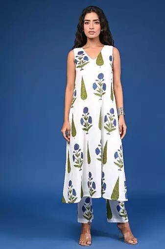 White blue cotton handblock a-linecoord