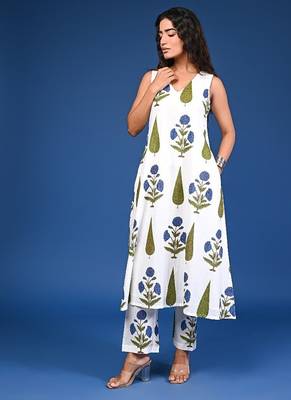 White blue cotton handblock a-linecoord 3