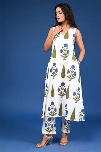 White blue cotton handblock a-linecoord