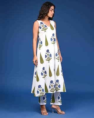White blue cotton handblock a-linecoord 5