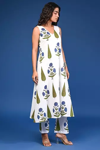 White blue cotton handblock a-linecoord