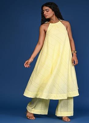 Yellow dobby cotton coord set 1