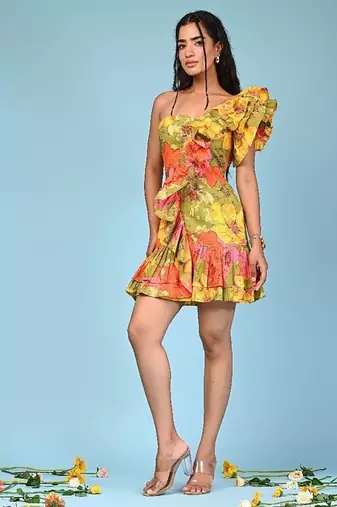 Multicolour printed cotton ruffle dress