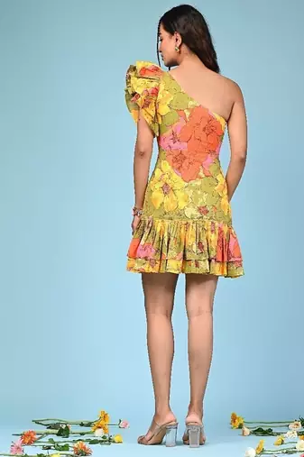 Multicolour printed cotton ruffle dress
