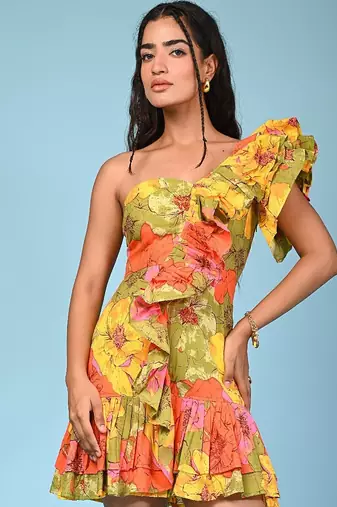 Multicolour printed cotton ruffle dress