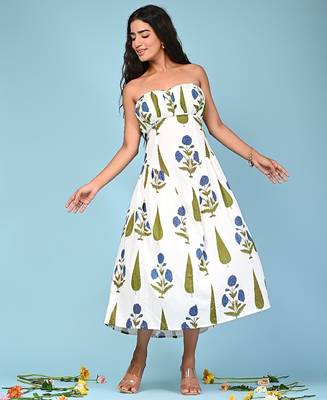 White block print cotton tube maxi-dress 1