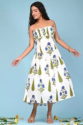 White block print cotton tube maxi-dress