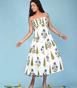 White block print cotton tube maxi-dress