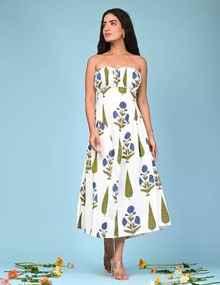 White block print cotton tube maxi-dress 2